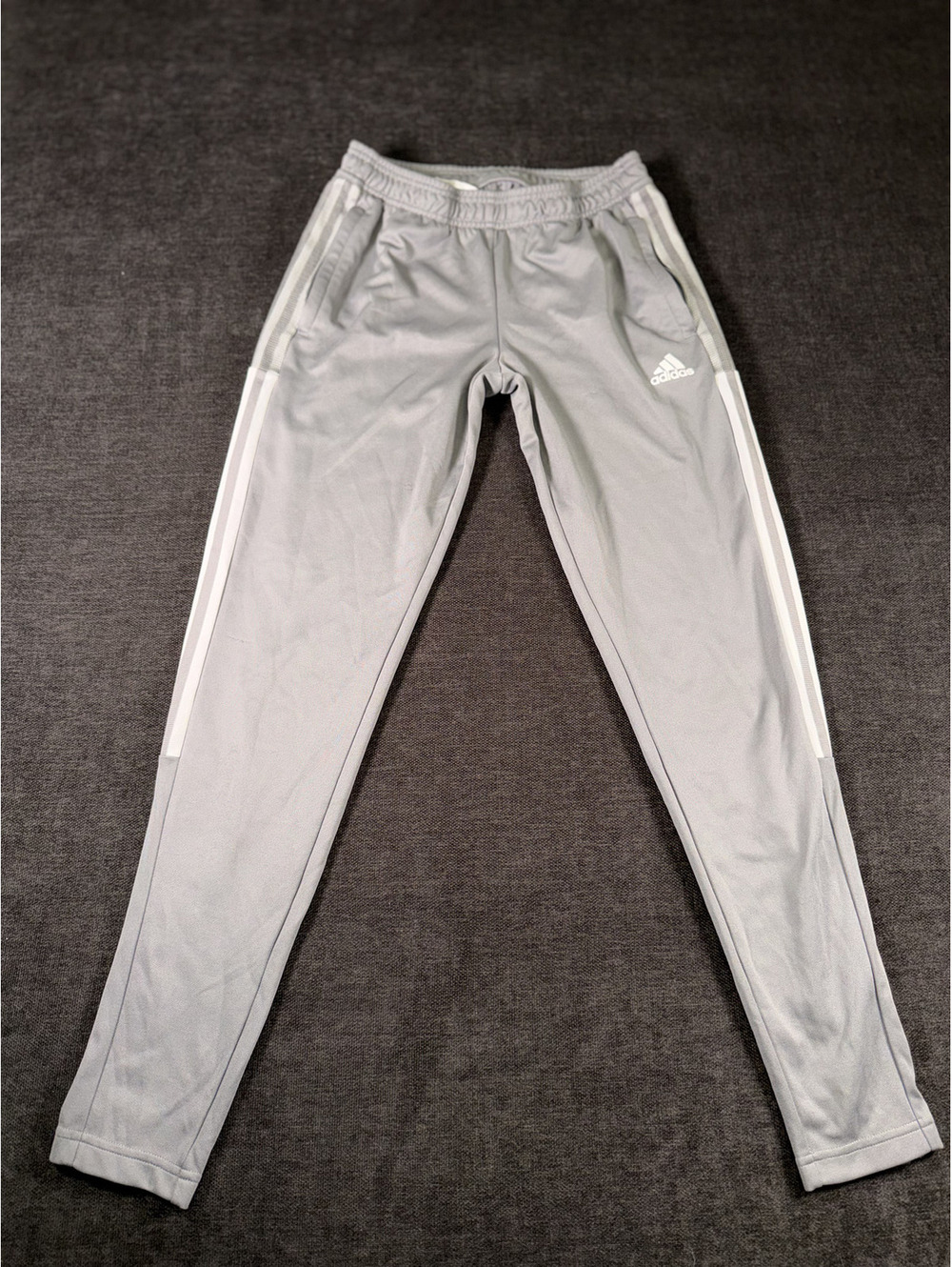 Adidas Gray Track Pants with White Side Stripes, Size Small